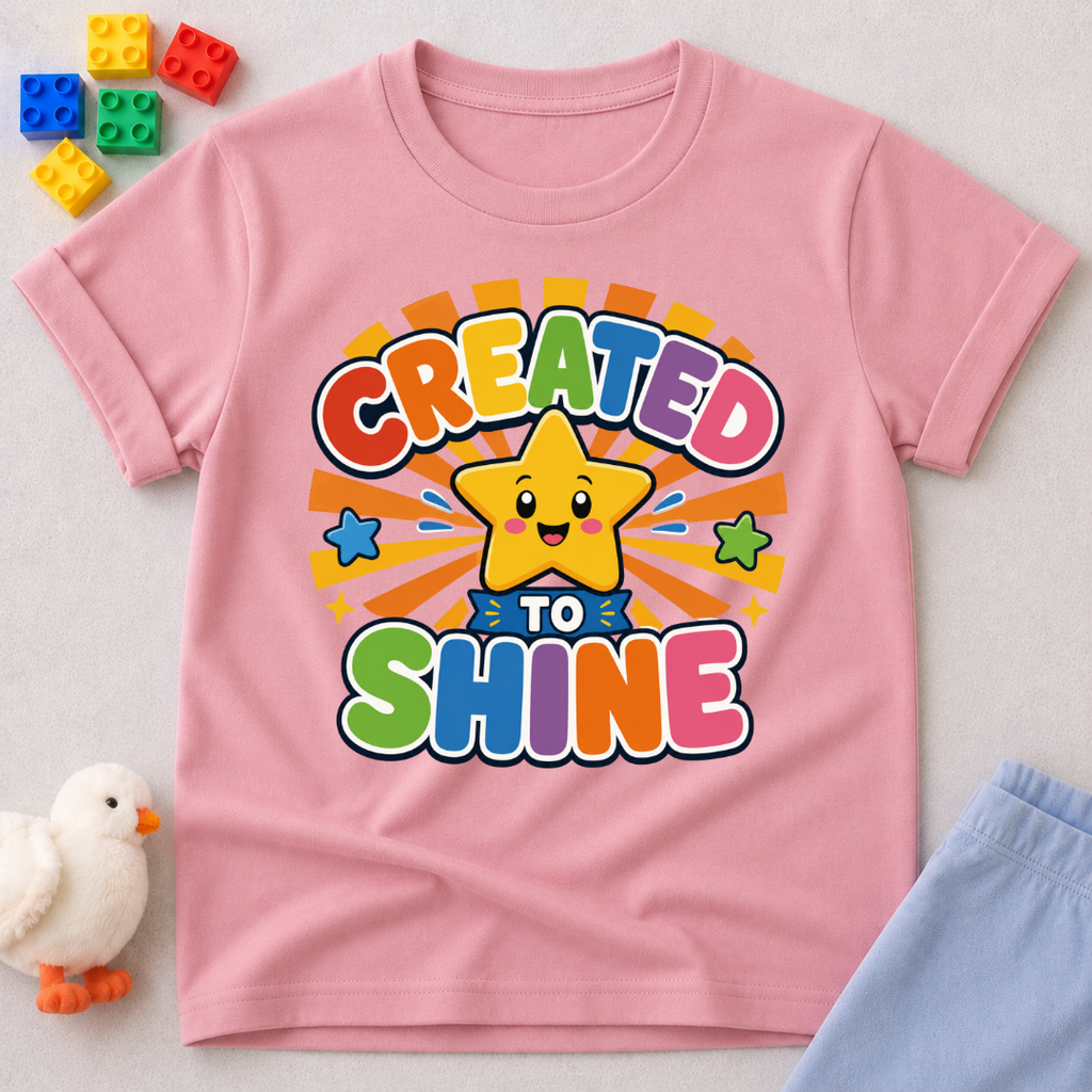 Created to Shine Bright Christian kids shirt in pink featuring a smiling sunshine and colorful lettering
