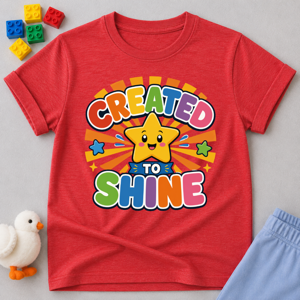 Created to Shine Bright Christian kids shirt in red featuring a smiling sunshine and colorful lettering
