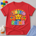 Created to Shine Bright Christian kids shirt in red featuring a smiling sunshine and colorful lettering
