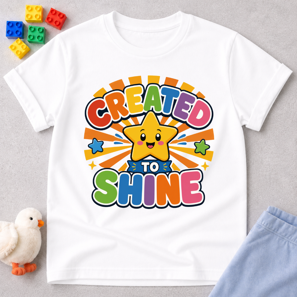 Created to Shine Bright Christian kids shirt in white featuring a smiling sunshine and colorful lettering
