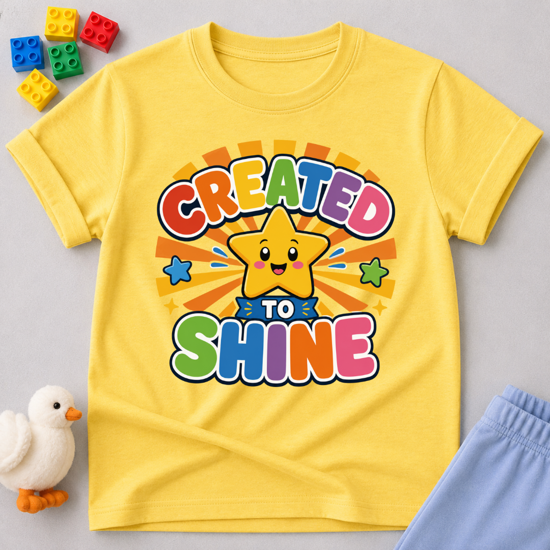 Created to Shine Bright Christian kids shirt in yellow featuring a smiling sunshine and colorful lettering

