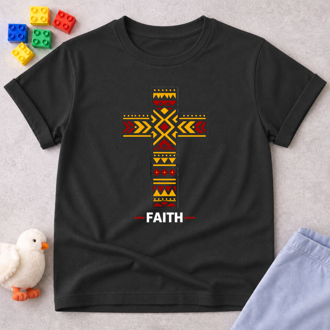 Cross of Faith Shirt Christian kids shirt in Black featuring a patterned cross and faith-inspired design