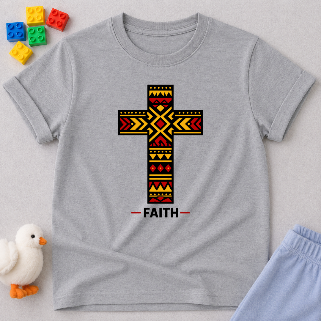 Cross of Faith Shirt Christian kids shirt in Gray featuring a patterned cross and faith-inspired design