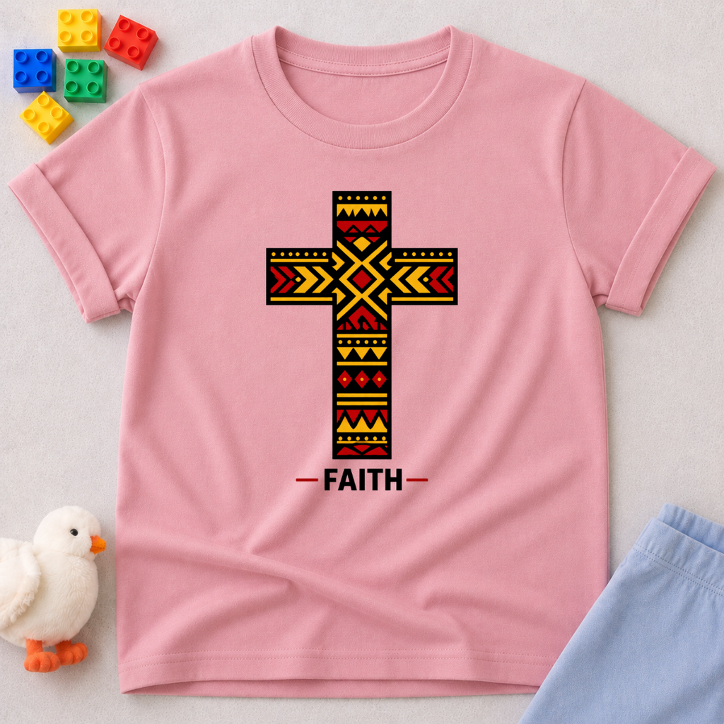 Cross of Faith Shirt Christian kids shirt in Pink featuring a patterned cross and faith-inspired design