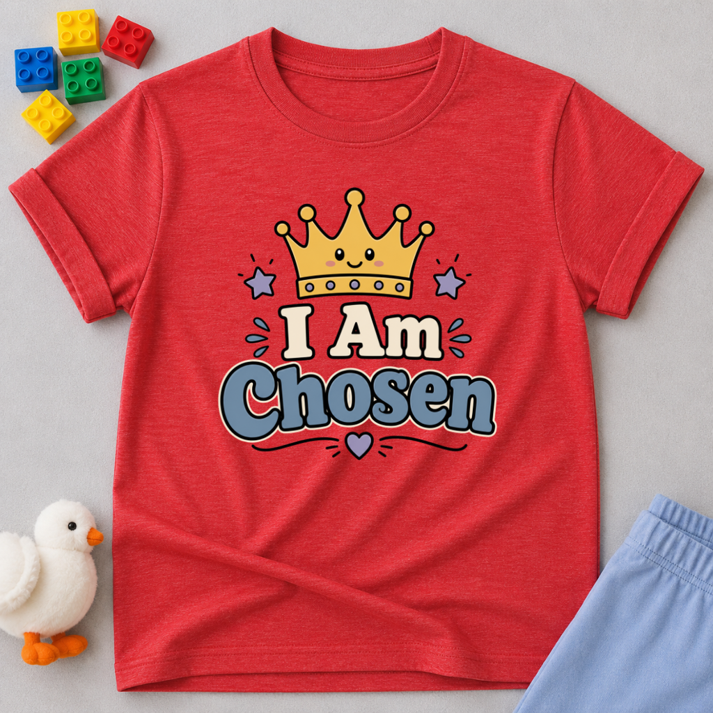 Crowned and Chosen Kids Shirt Christian kids shirt in red featuring a royal crown and faith-inspired chosen message
