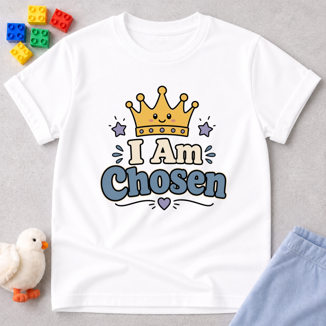 Crowned and Chosen Kids Shirt Christian kids shirt in white featuring a royal crown and faith-inspired chosen message
