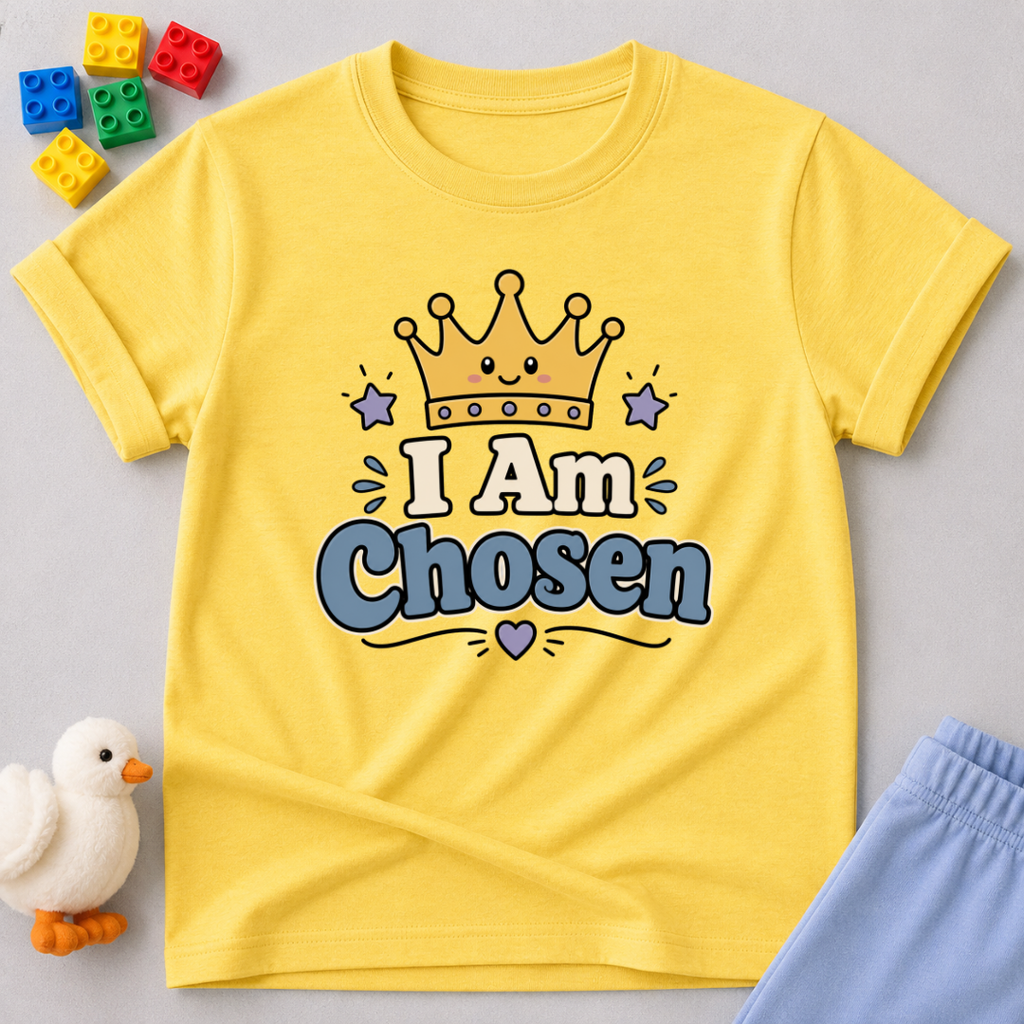 Crowned and Chosen Kids Shirt Christian kids shirt in yellow featuring a royal crown and faith-inspired chosen message
