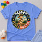 Daddy's Little Disciple Scout Christian kids shirt in blue featuring a young explorer holding a Bible
