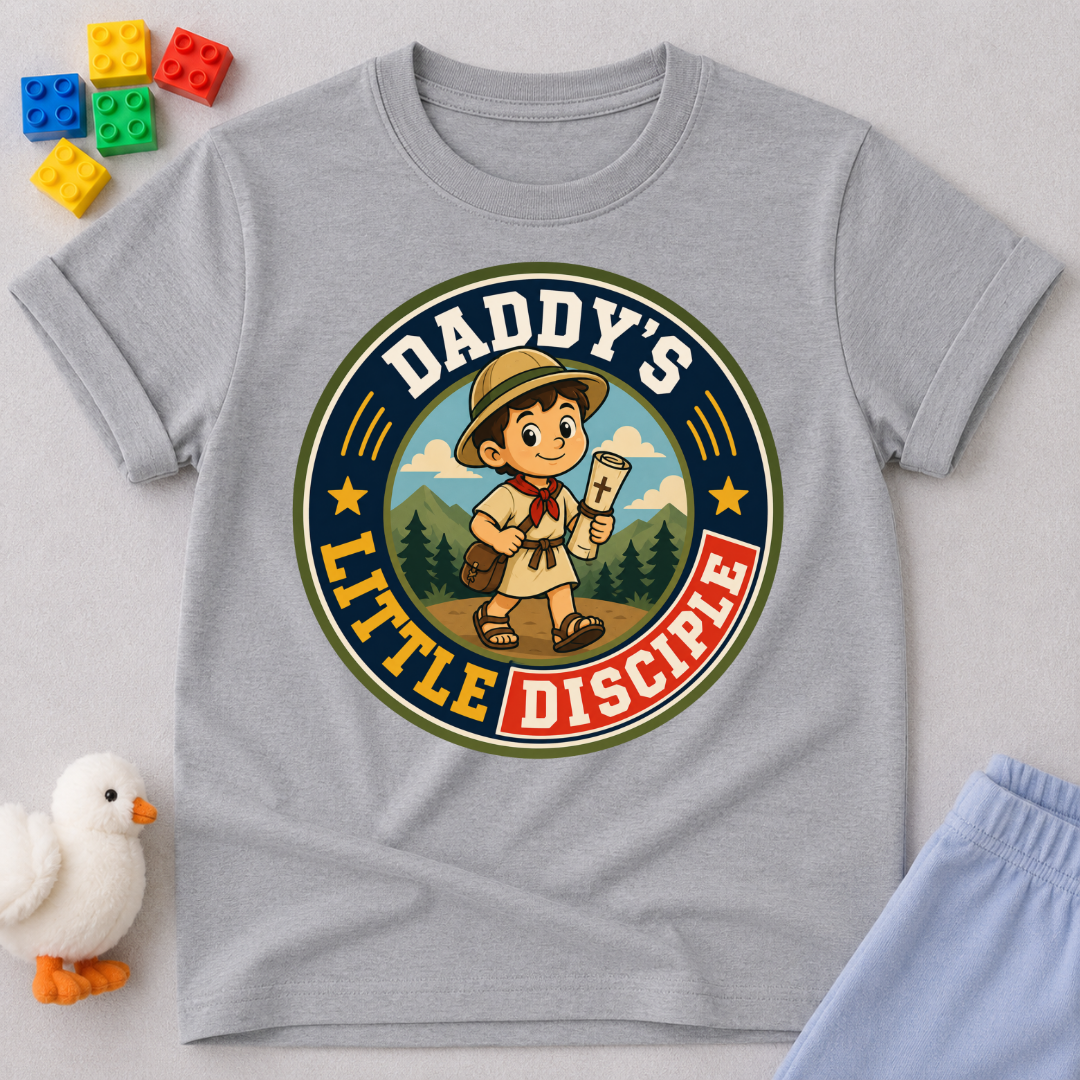 Daddy's Little Disciple Scout Christian kids shirt in gray featuring a young explorer holding a Bible
