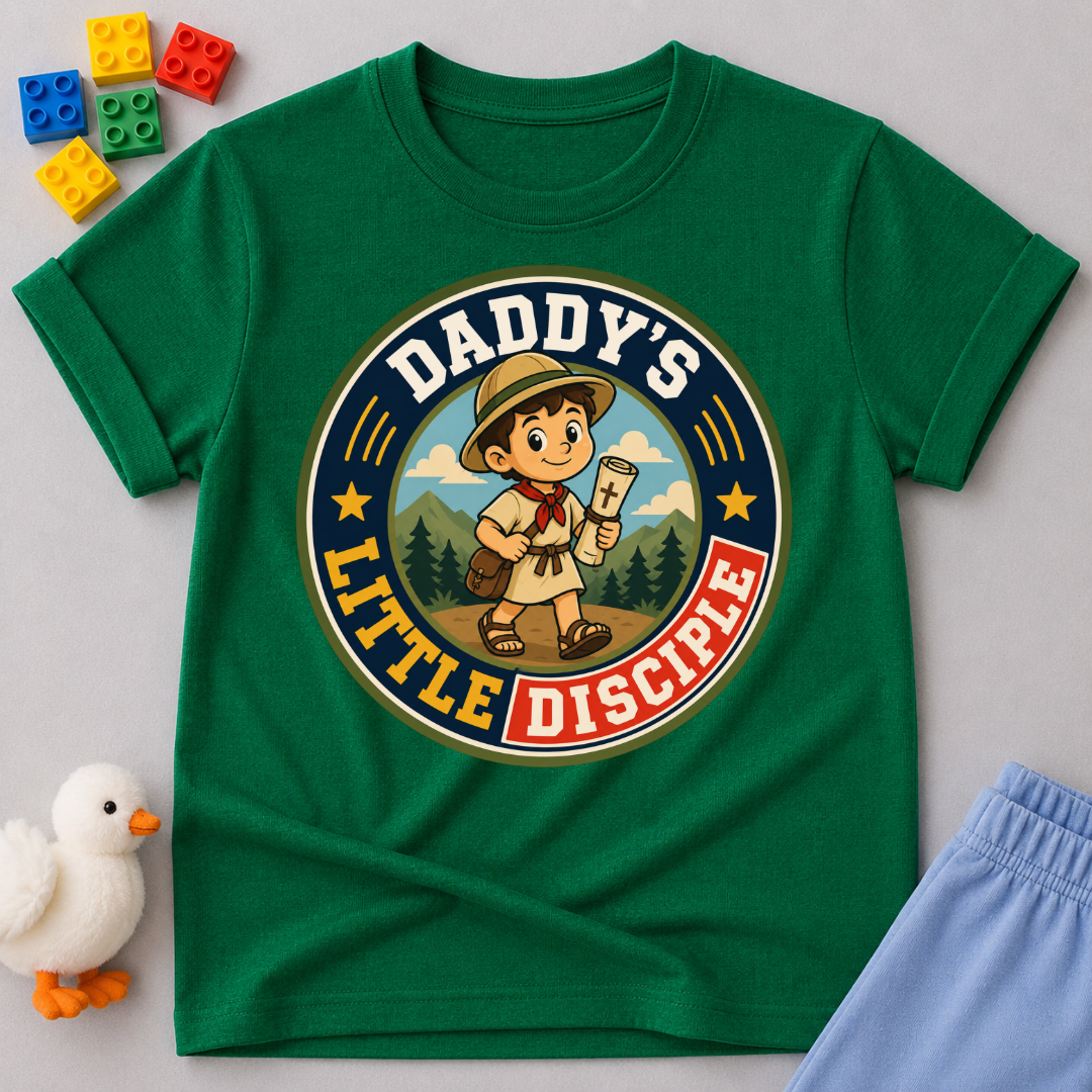 Daddy's Little Disciple Scout Christian kids shirt in green featuring a young explorer holding a Bible
