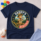 Daddy's Little Disciple Scout Christian kids shirt in navy featuring a young explorer holding a Bible
