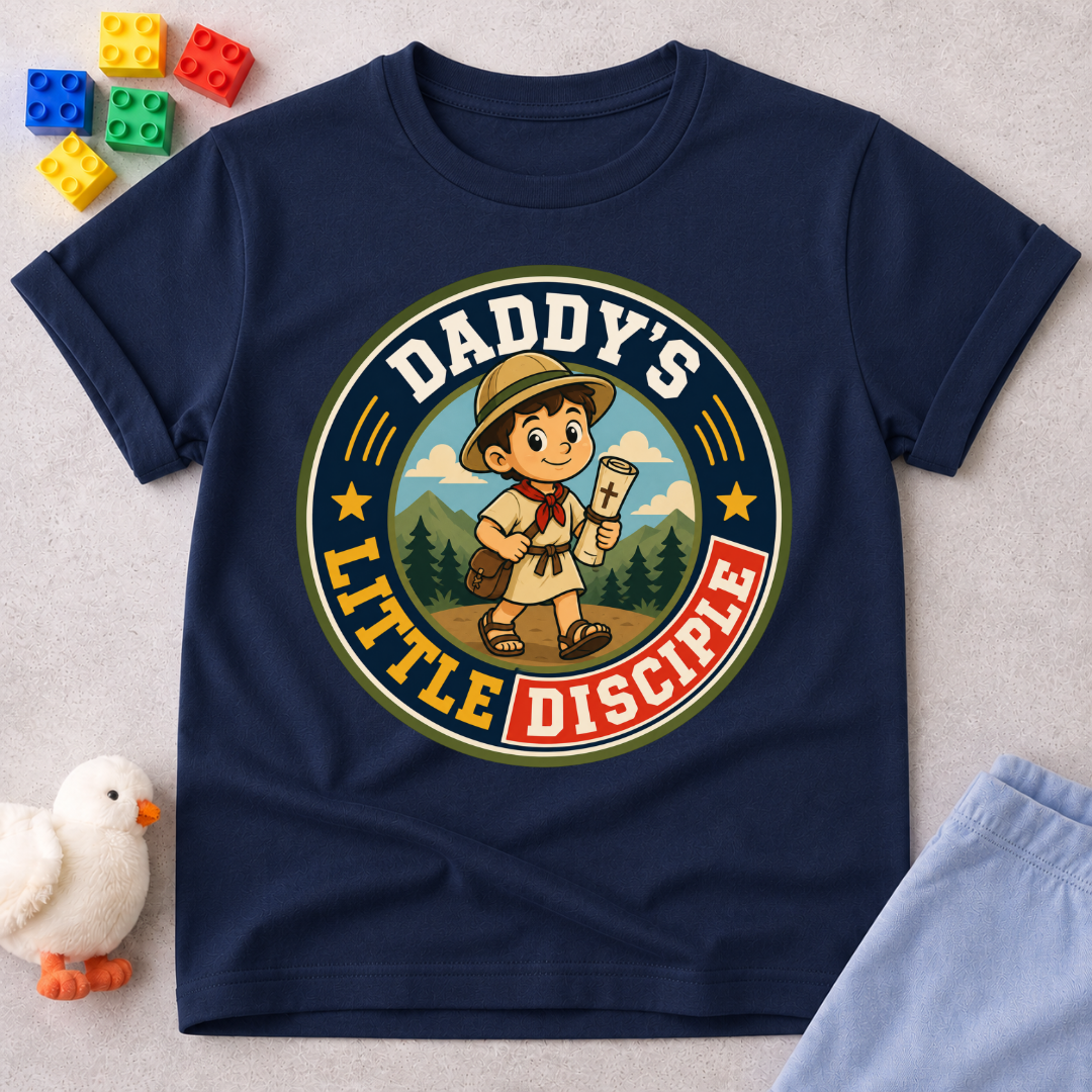 Daddy's Little Disciple Scout Christian kids shirt in navy featuring a young explorer holding a Bible
