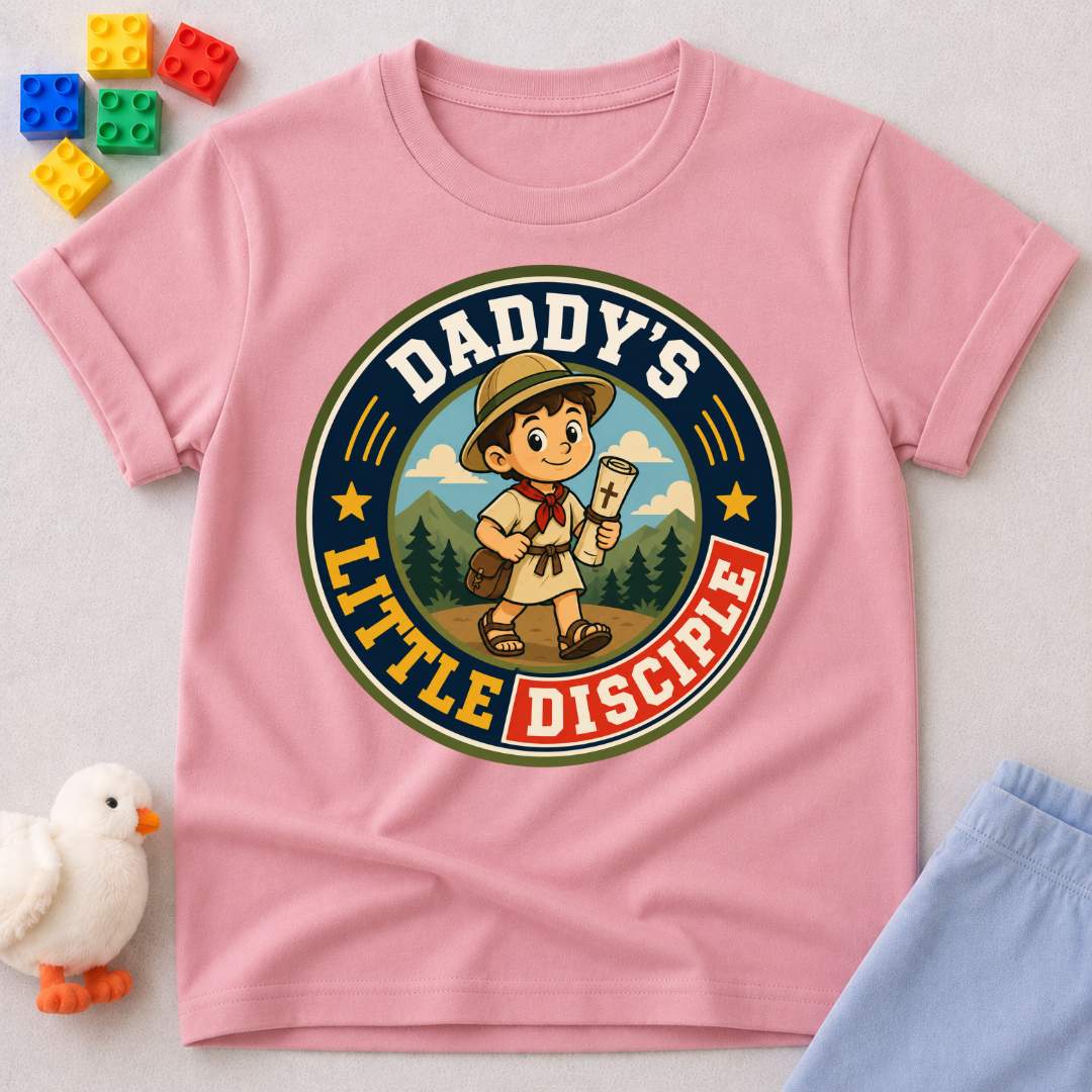 Daddy's Little Disciple Scout Christian kids shirt in pink featuring a young explorer holding a Bible

