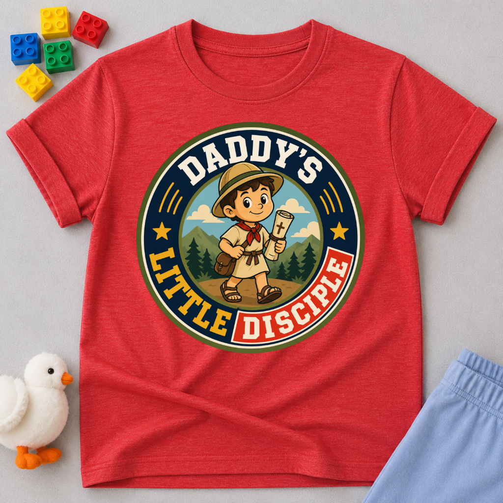 Daddy's Little Disciple Scout Christian kids shirt in red featuring a young explorer holding a Bible

