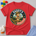 Daddy's Little Disciple Scout Christian kids shirt in red featuring a young explorer holding a Bible
