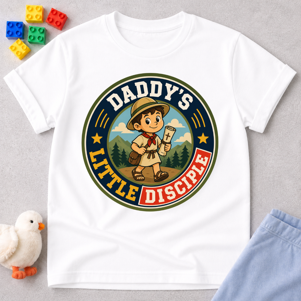 Daddy's Little Disciple Scout Christian kids shirt in white featuring a young explorer holding a Bible

