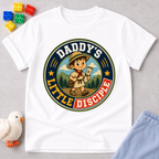 Daddy's Little Disciple Scout Christian kids shirt in white featuring a young explorer holding a Bible

