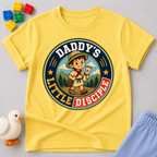 Daddy's Little Disciple Scout Christian kids shirt in yellow featuring a young explorer holding a Bible
