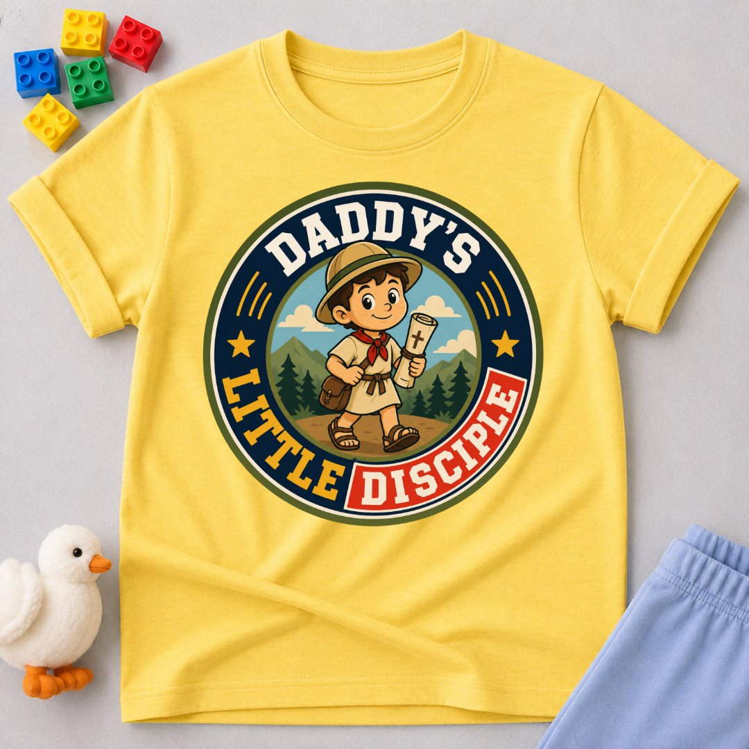 Daddy's Little Disciple Scout Christian kids shirt in yellow featuring a young explorer holding a Bible
