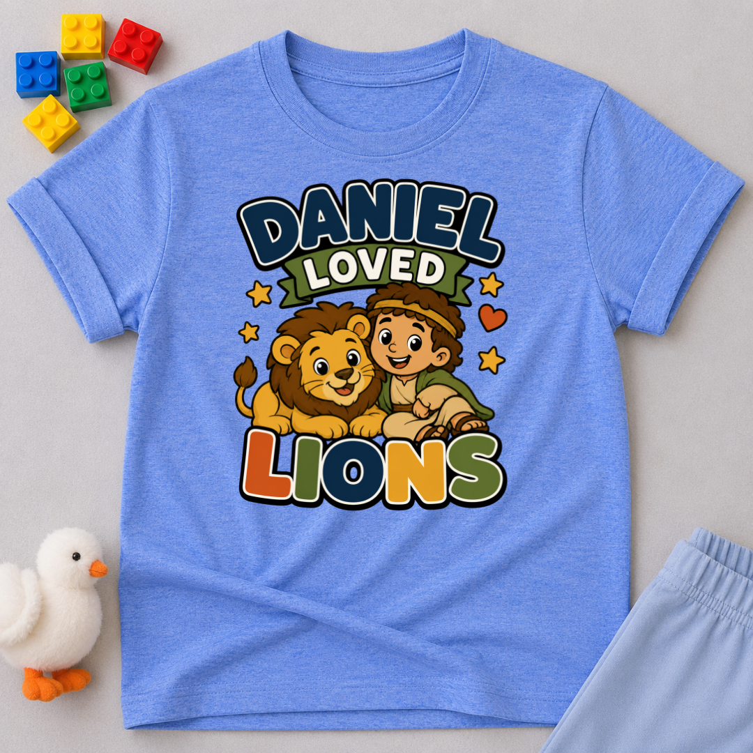 Daniel Loved Lions Christian kids shirt in blue featuring Daniel with smiling lions
