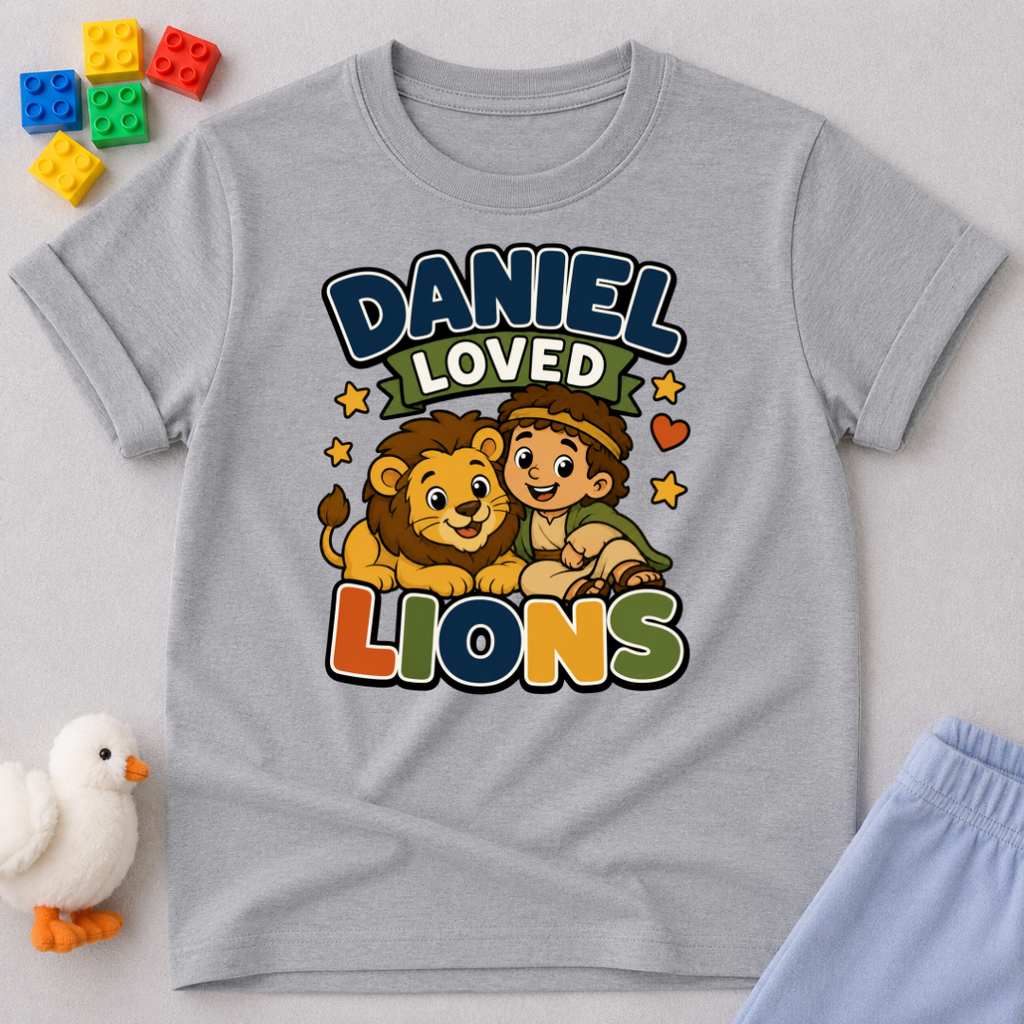 Daniel Loved Lions Christian kids shirt in gray featuring Daniel with smiling lions

