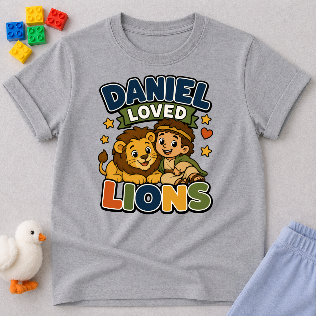 Daniel Loved Lions Christian kids shirt in gray featuring Daniel with smiling lions
