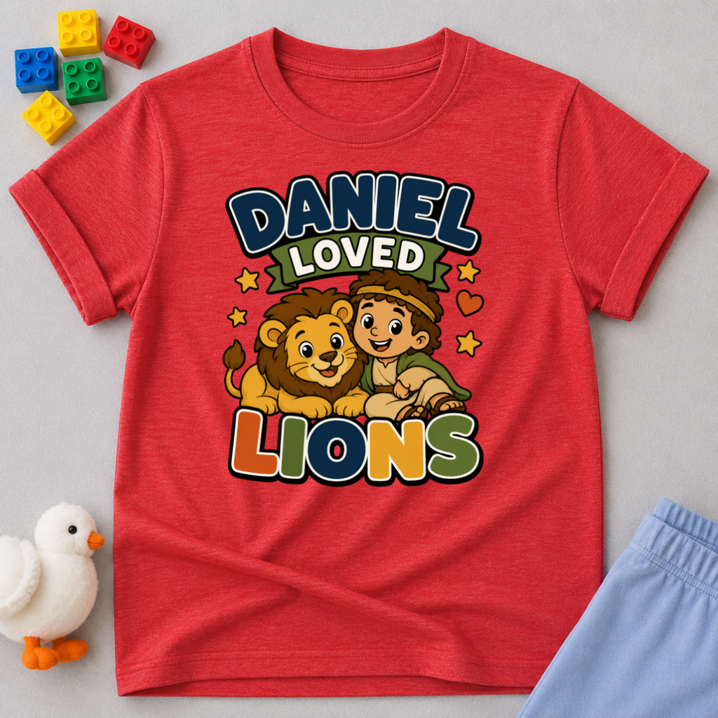Daniel Loved Lions Christian kids shirt in red featuring Daniel with smiling lions
