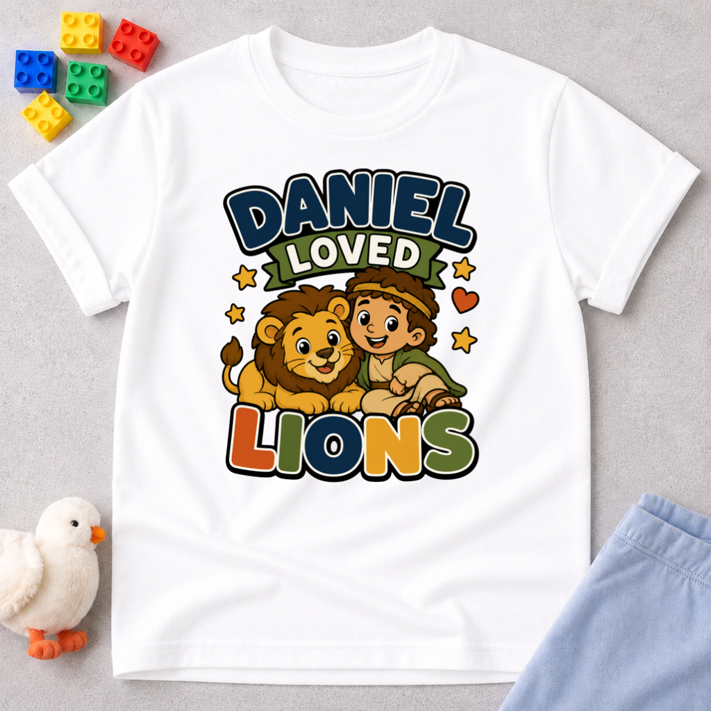 Daniel Loved Lions Christian kids shirt in white featuring Daniel with smiling lions
