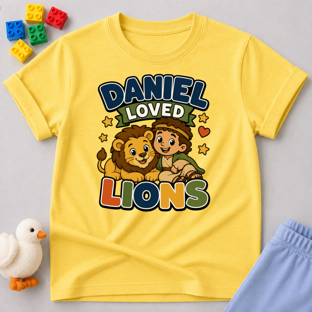 Daniel Loved Lions Christian kids shirt in yellow featuring Daniel with smiling lions
