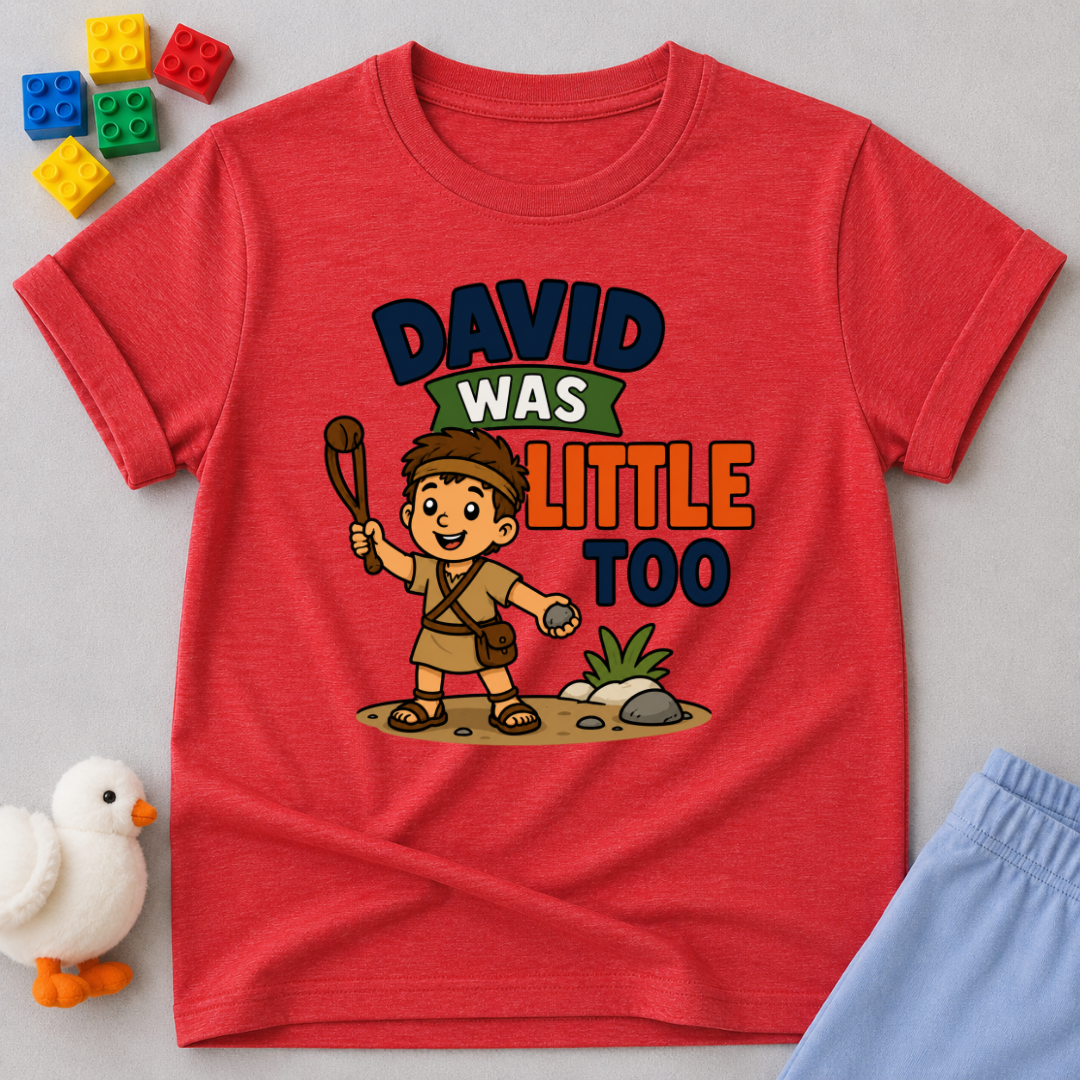 David Was Little Too Christian kids shirt in red featuring young David holding his sling
