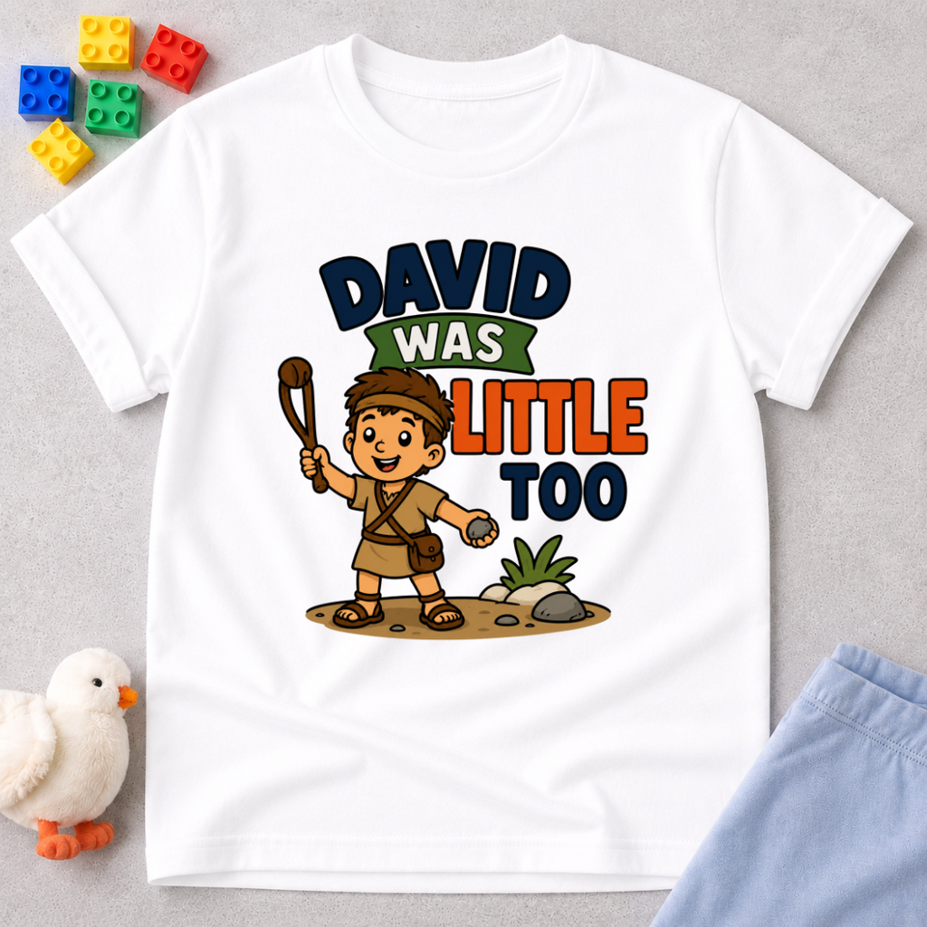 David Was Little Too Christian kids shirt in white featuring young David holding his sling
