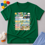 Days of Creation Bible Christian kids shirt in green featuring educational Bible creation story illustrations