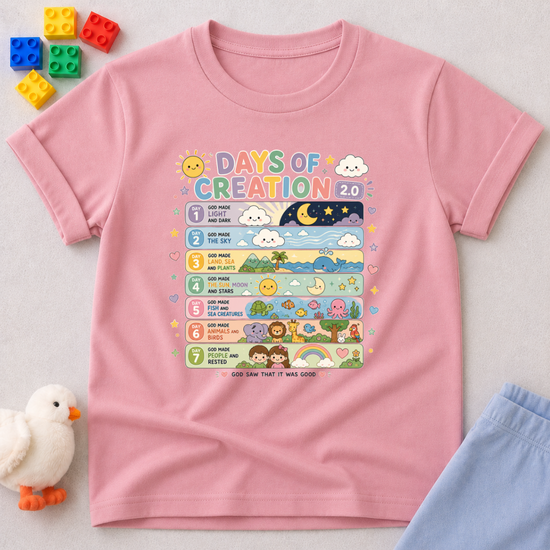 Days of Creation Bible Christian kids shirt in pink featuring educational Bible creation story illustrations

