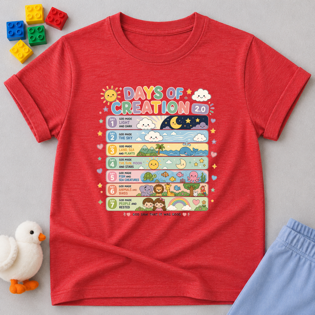 Days of Creation Bible Christian kids shirt in red featuring educational Bible creation story illustrations
