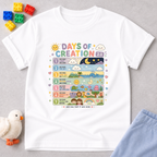 Days of Creation Bible Christian kids shirt in white featuring educational Bible creation story illustrations
