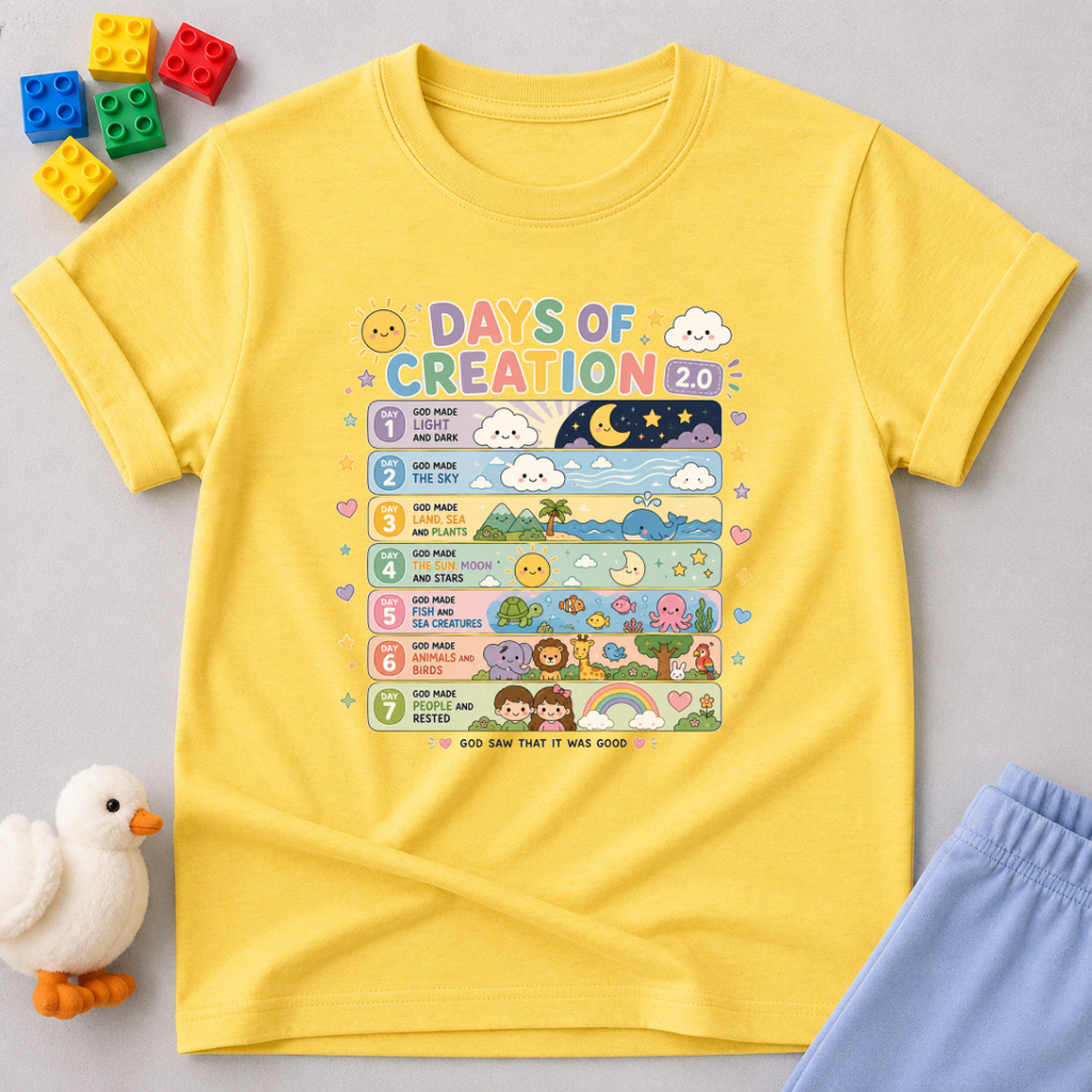 Days of Creation Bible Christian kids shirt in yellow featuring educational Bible creation story illustrations
