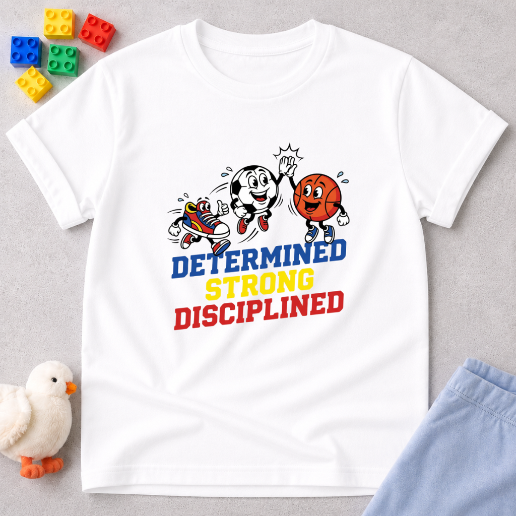 Determined Strong Disciplined Shirt Christian kids shirt in White featuring sports-themed character traits design