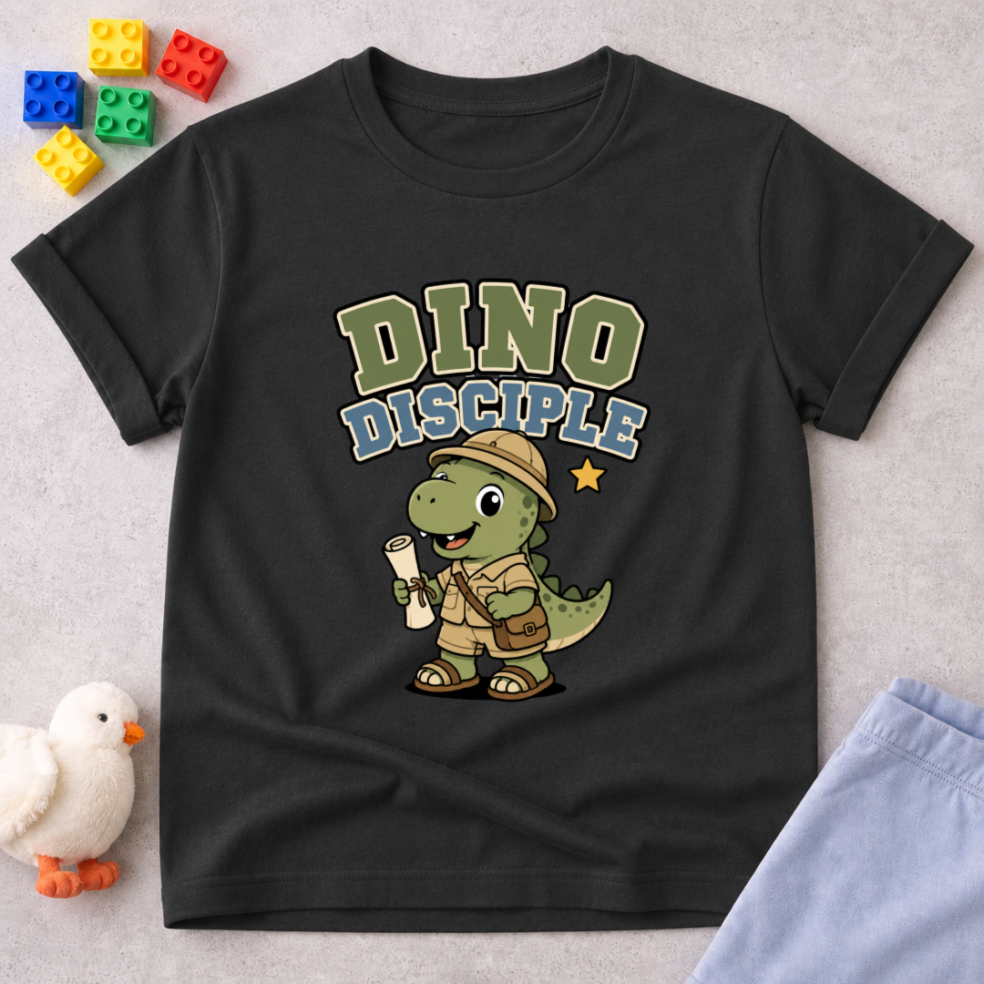 Dino Disciple Explorer Shirt Christian kids shirt in black featuring a dinosaur disciple carrying a scroll
