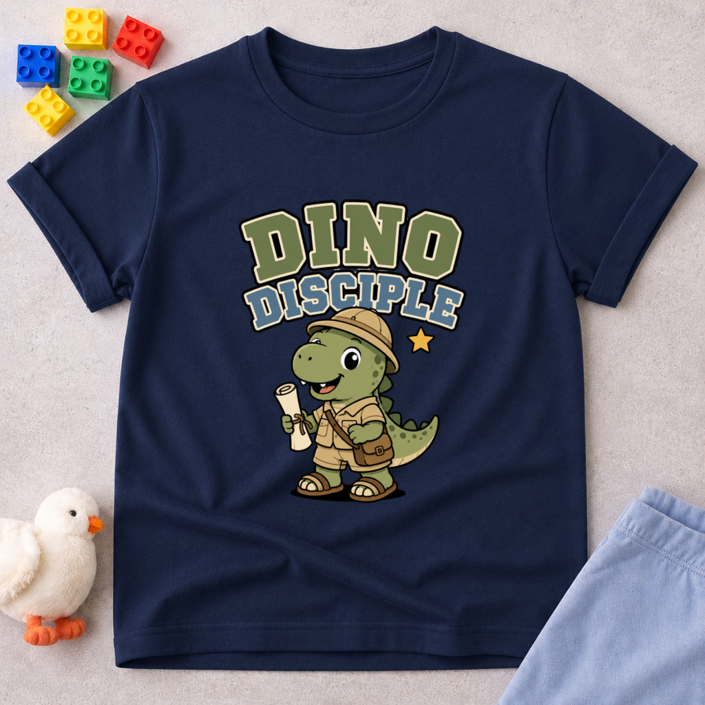 Dino Disciple Explorer Shirt Christian kids shirt in navy featuring a dinosaur disciple carrying a scroll
