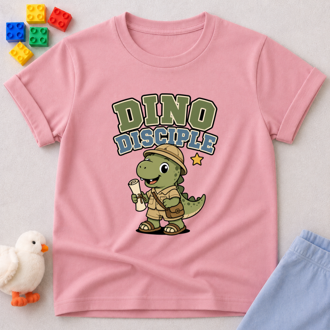 Dino Disciple Explorer Shirt Christian kids shirt in pink featuring a dinosaur disciple carrying a scroll
