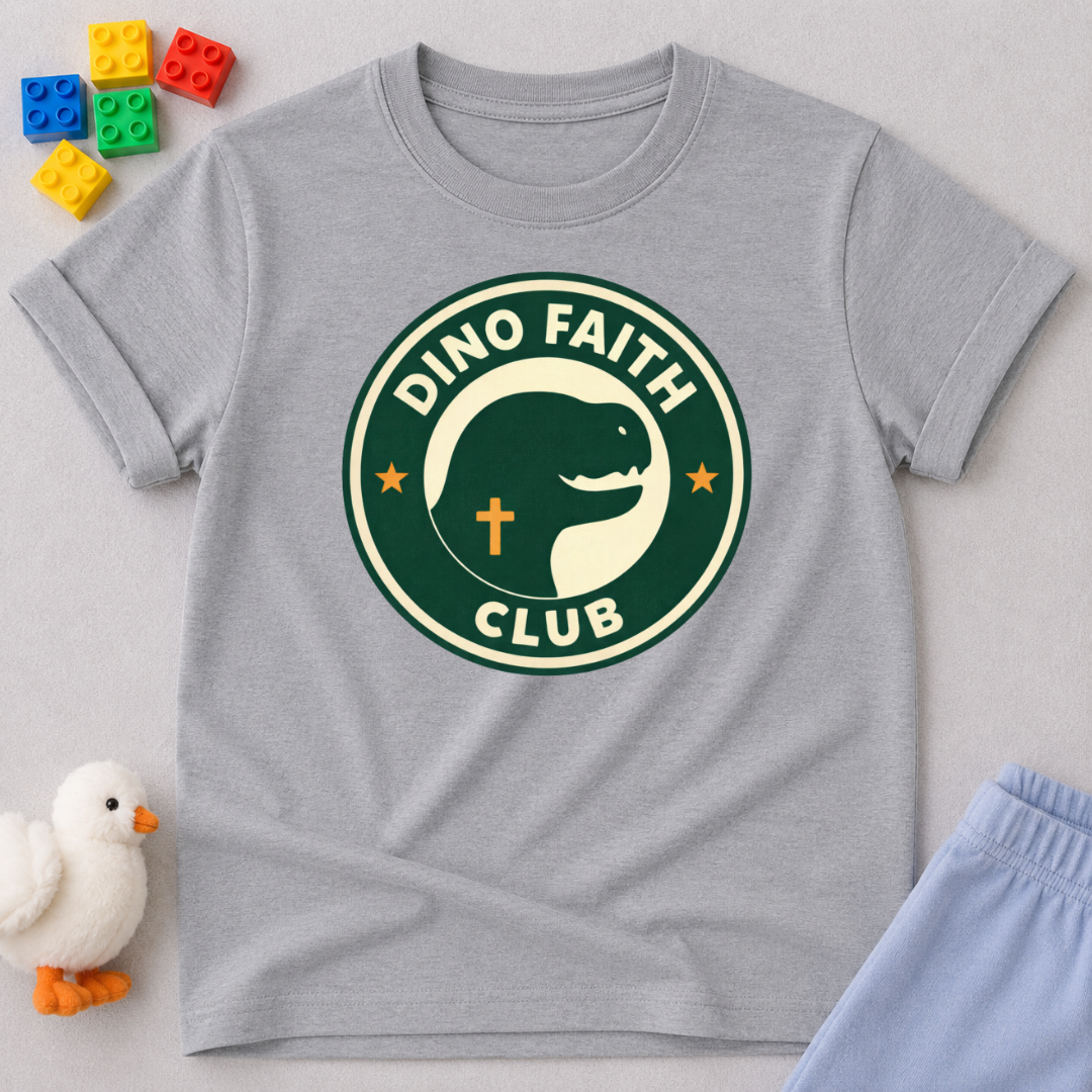 Dino Faith Club Shirt Christian kids shirt in Gray featuring a dinosaur-themed faith club badge design