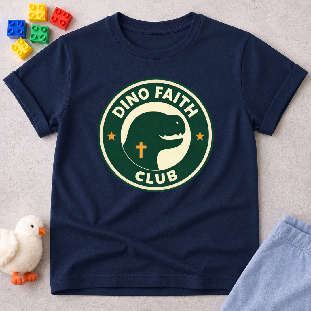 Dino Faith Club Shirt Christian kids shirt in Navy featuring a dinosaur-themed faith club badge design