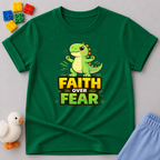 Dino Faith Over Fear Shirt Christian kids shirt in Green featuring a dinosaur and faith over fear message