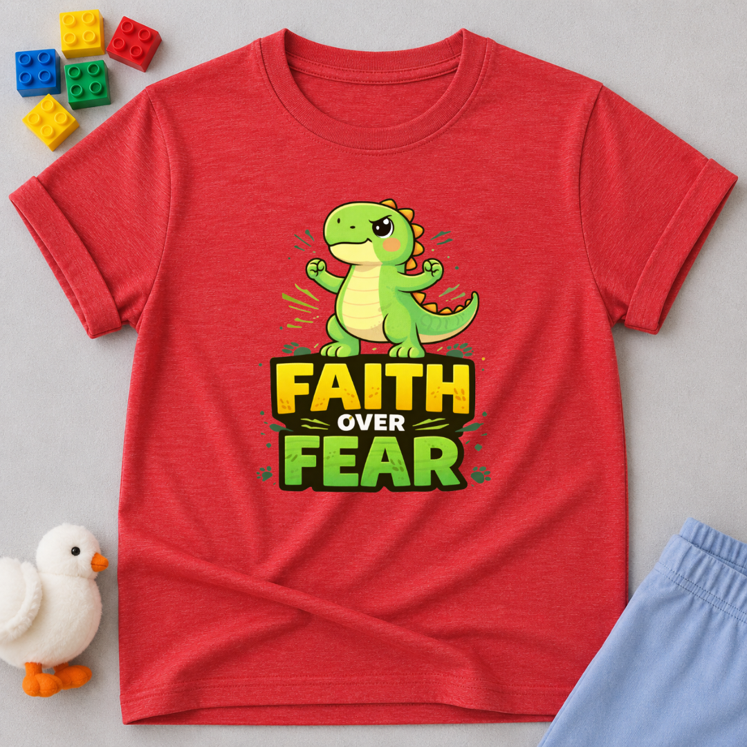 Dino Faith Over Fear Shirt Christian kids shirt in Red featuring a dinosaur and faith over fear message