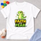 Dino Faith Over Fear Shirt Christian kids shirt in White featuring a dinosaur and faith over fear message