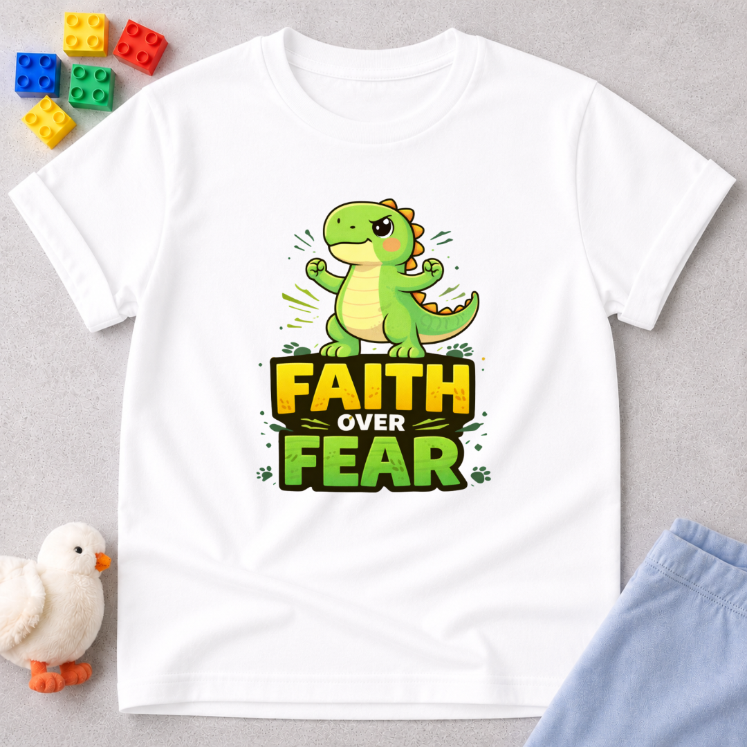 Dino Faith Over Fear Shirt Christian kids shirt in White featuring a dinosaur and faith over fear message
