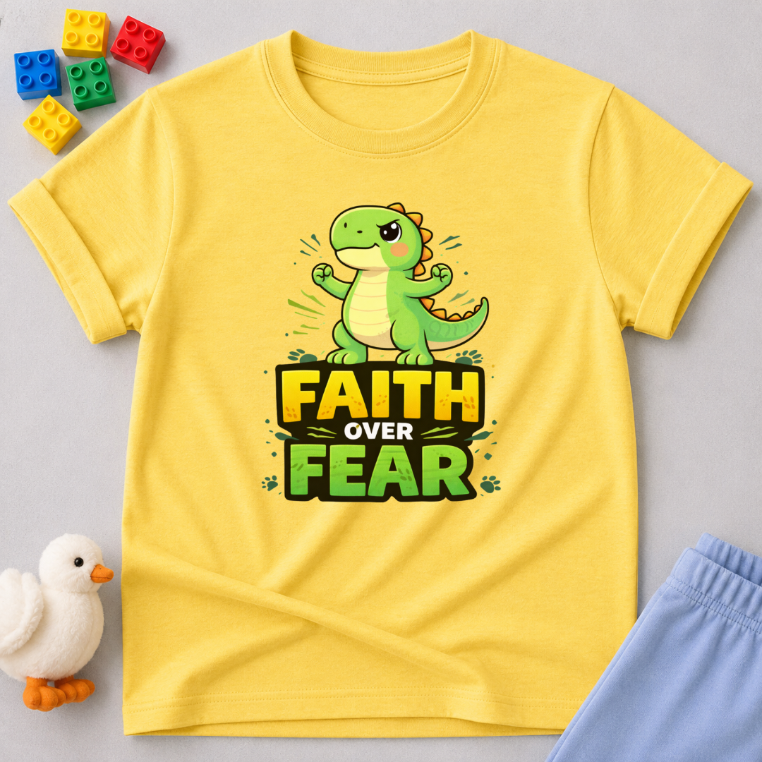 Dino Faith Over Fear Shirt Christian kids shirt in Yellow featuring a dinosaur and faith over fear message