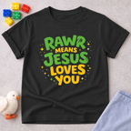 Dino Love Roar Christian kids shirt in Black featuring dinosaur-inspired faith typography and a message about God's love