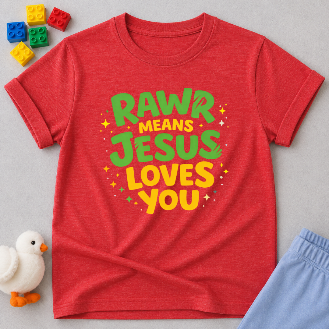 Dino Love Roar Christian kids shirt in Red featuring dinosaur-inspired faith typography and a message about God's love