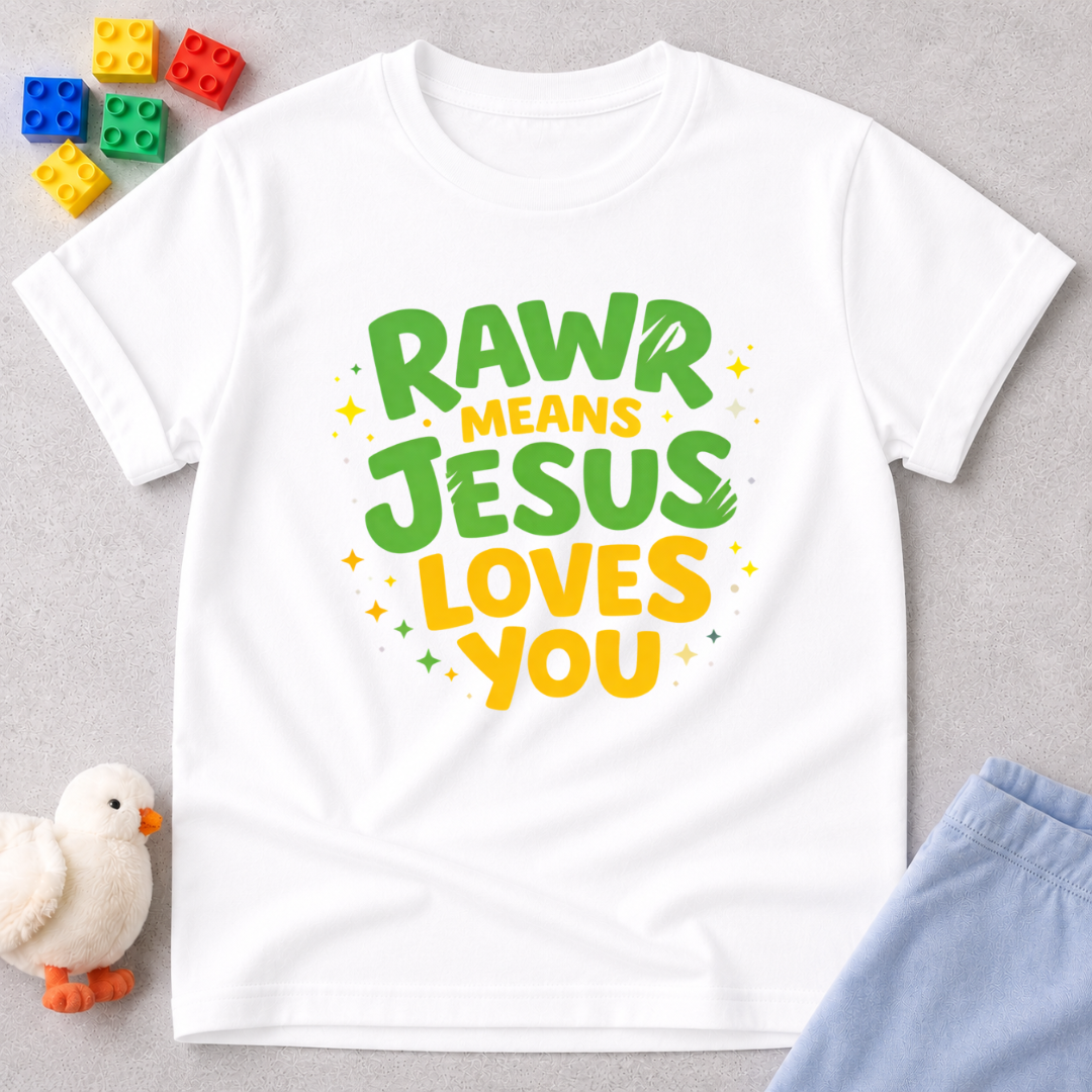 Dino Love Roar Christian kids shirt in White featuring dinosaur-inspired faith typography and a message about God's love